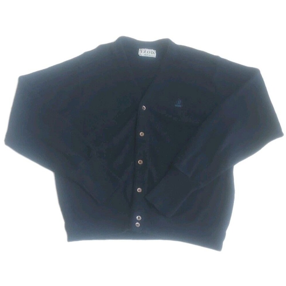 VINTAGE 1980s Mens IZOD Navy Blue Cardigan Sweater Grandpa Made In USA Size Lg